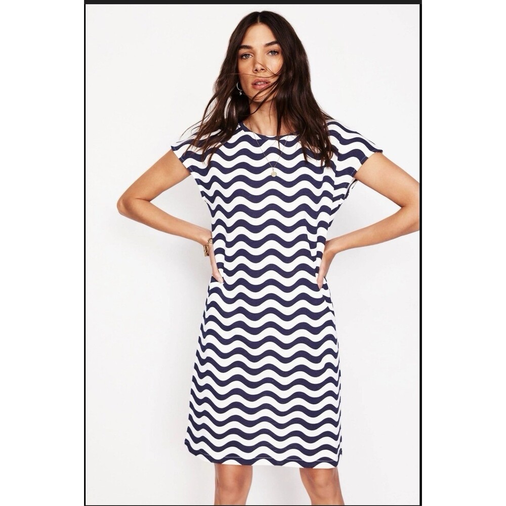 Boden Women’s 10P Leah Jersey T-Shirt Dress Cotton Navy Ivory Stripe Nautical